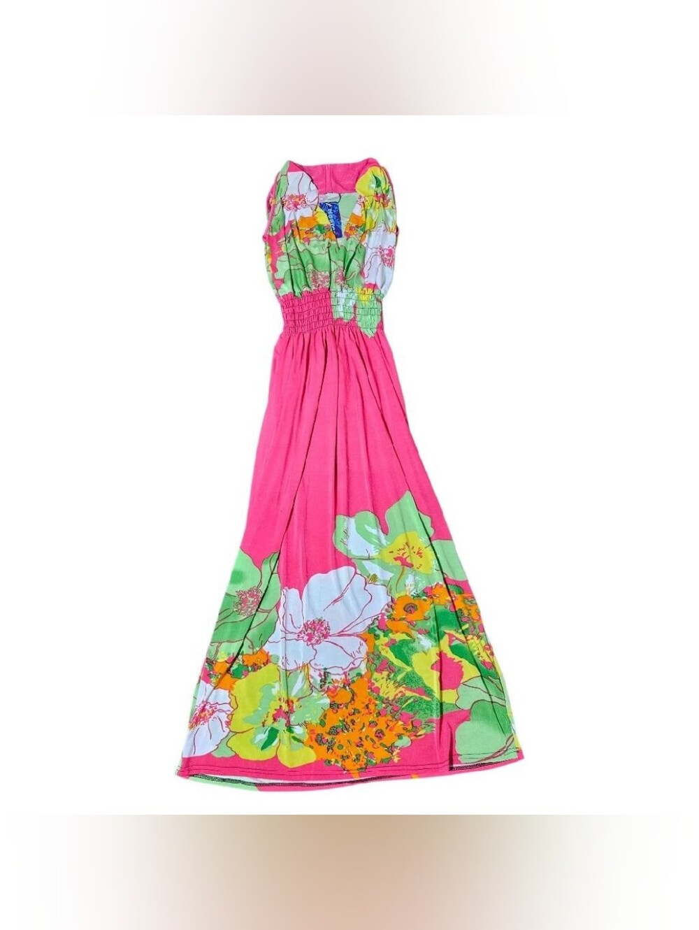 NWT MONICA Floral Maxi Dress Size M Pink Green Smocked Waist Flower Power Boho N